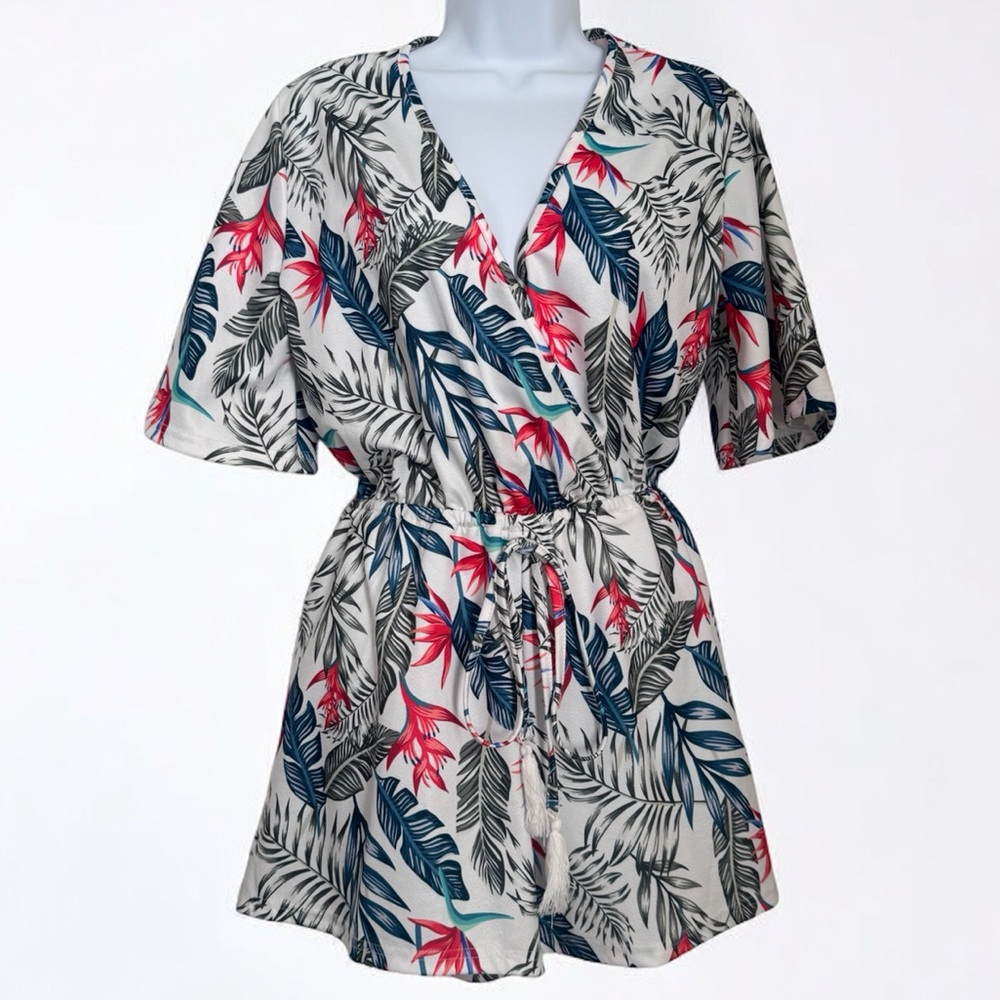 WOMENS ROMPER. V NECK, FAMULILY  WRAPAROUND SHORT LARGE JUMPSUIT. TROPICAL PRINT